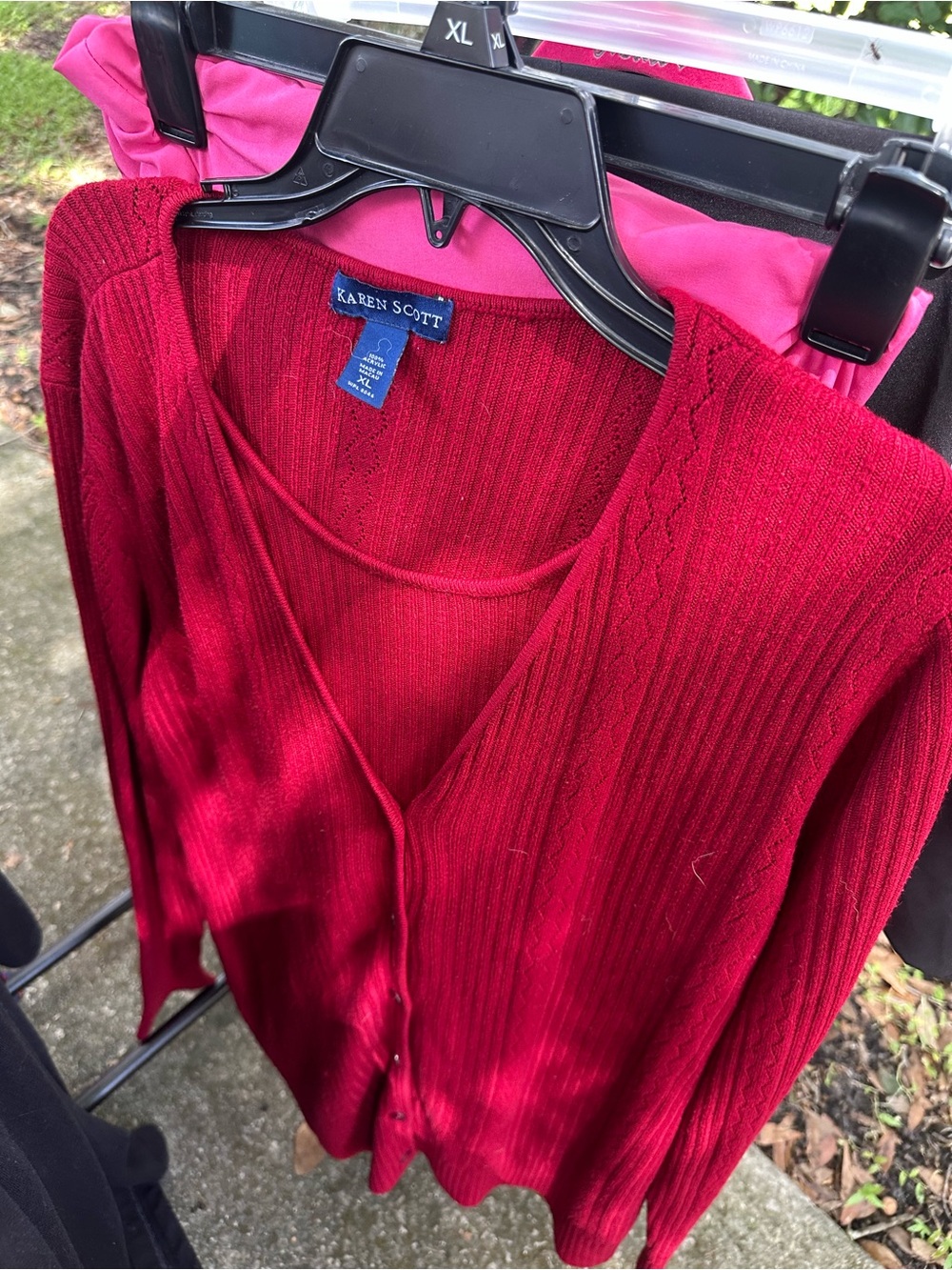 Karen Scott Fuchsia-Red Ribbed V-Neck Button-Front Cardigan